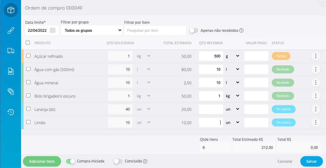 Tela ordem de compra - buffetmax