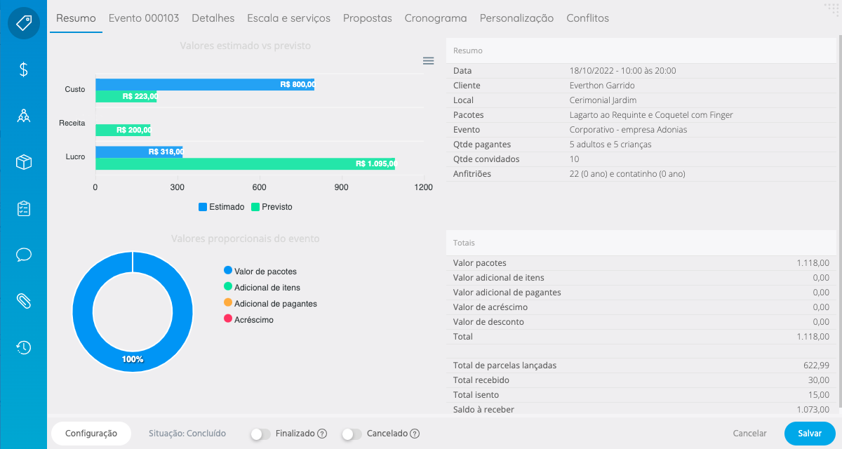 Tela do sistema representando cadastro de eventos - Buffetmax