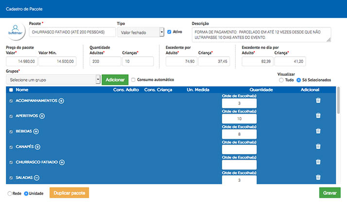 Tela do sistema representando cadastro de pacotes - Buffetmax