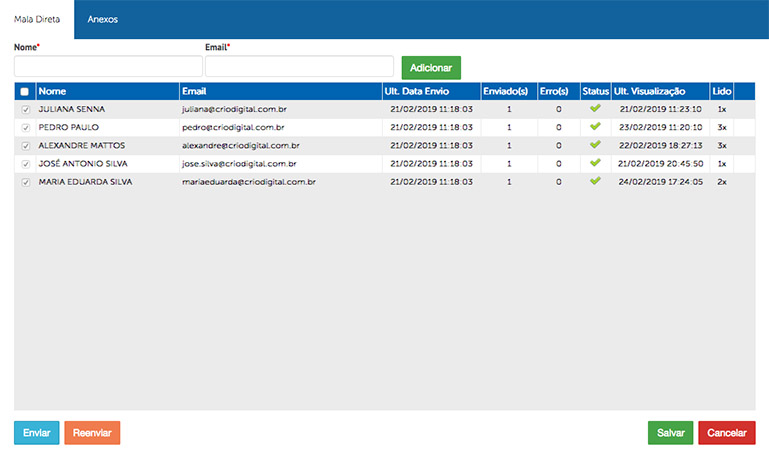 Tela do sistema representando rastreio de e-mails - Buffetmax